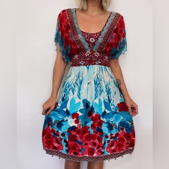 Tracy Reese Dresses & Skirts - Silk Boho Tracy Reese Anthropologie Beaded Tassel Flutter Sleeve Mini Dress